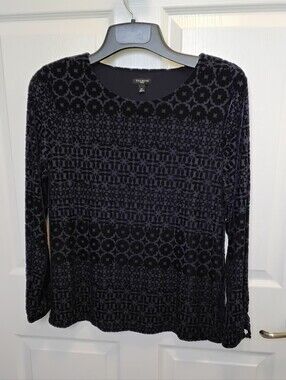 Talbots Black‎ Velvet Burnout Long Sleeve Scoop Neck Top